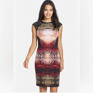 Maggy London Red and Gold Patterned Midi Dress